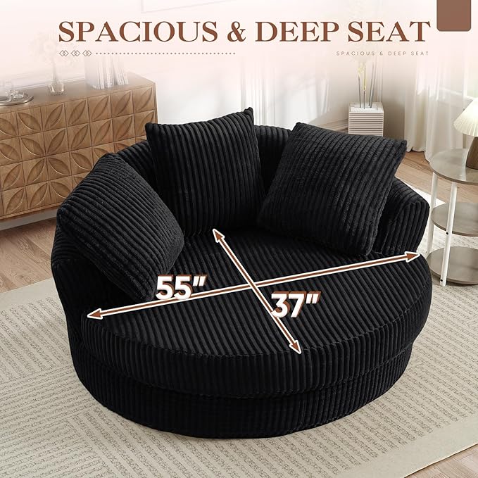 61"W Oversized Round Chaise Lounge Chair Indoor, Upholstered Corduroy Large Circle Boneless Chair with Deep Seat, No Assembly Required, Modern Comfy Cloud Sofa Chairs for Living Room, Bedroom(Black)