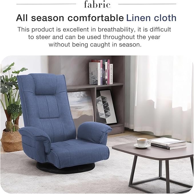 Ergonomic Swivel Floor Gaming Chair with Armrests & Side Pockets, 6-Position Reclining Sofa Bed, Foldable Padded Lounger with Thick Cushion & Lumbar Support for Esports, Reading, TV Watching (Blue)