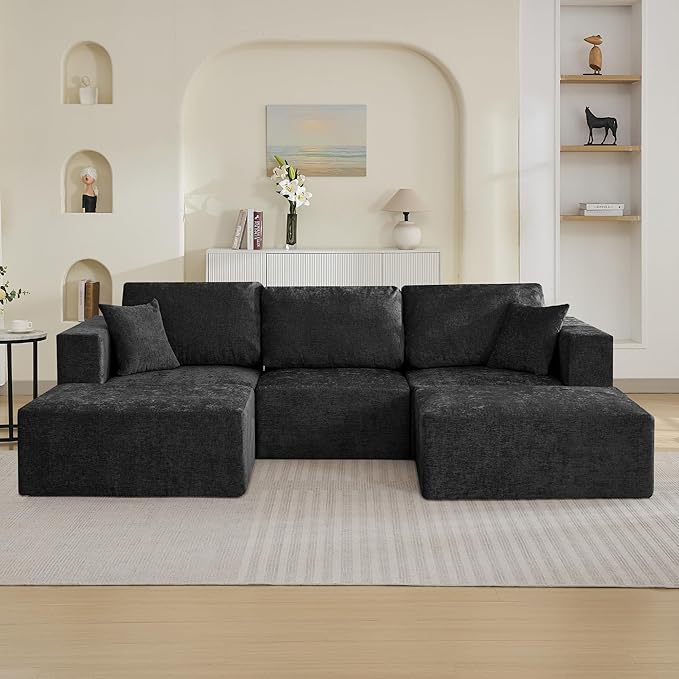 115'' U Shaped Boneless Sofa Couch, 3 Seater Modular Sectional Sofa with 2 Movealbe Ottoman, Chenille Convertible Sleeper Couch with Chaise for Living Room, Black