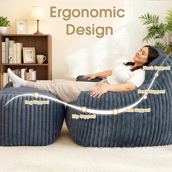 Giant Bean Bag Chair with Ottoman, Oversized Plush Comfy Bean Bag Sofa for Adults and Kids, Memory Foam Mini Couch Single Lounges for Living Room, Bedroom & Game Room(Gray)
