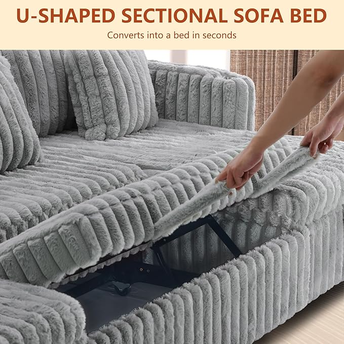 107" Sectional Sleeper Sofa with Pull Out Bed, Comfy Fluffy Plush Corduroy Cloud Sectional Couches for Living Room, U Shaped Modular Couch with Storage Chaise, Cup Holder & USB Charger, Grey