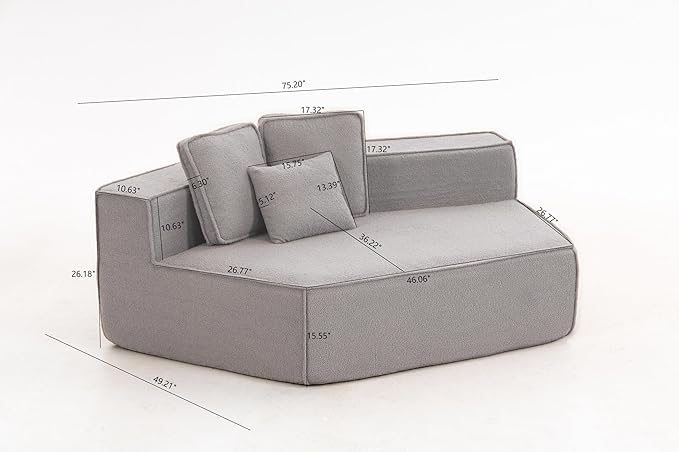 EPOFIT 1-Seater Teddy Fleece Modular Sofa Chair, Low-Profile Floor Seat with Wide Cushion and All-Foam Support, Left-Facing Design, Compressed Packaging – Grey