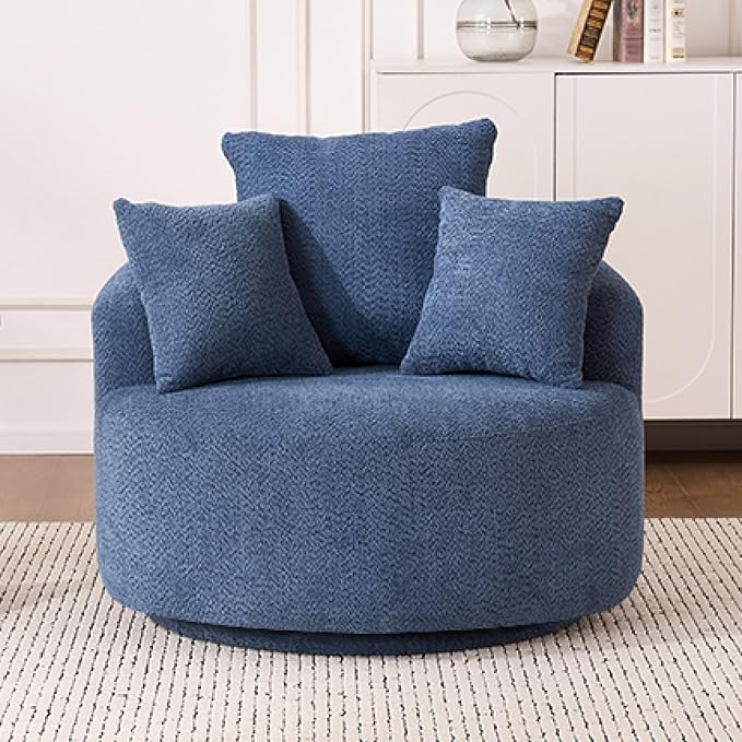 Yoglad 38.58'' Swivel Round Chair, Comfy Boucle 360° Accent Chair with Thick Cushion, Oversized Modern Single Sofa with 3 Pillows, Soft Armchair for Nursery, Living Room, Bedroom, Office (Blue)