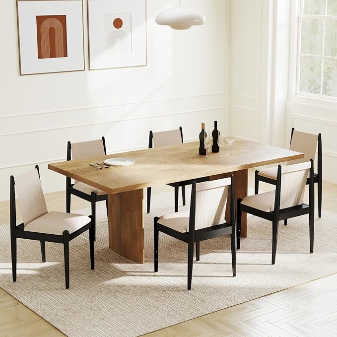DUOMAY Upholstered Linen Beige Dining Chairs Set of 6, Wooden Armless Kitchen Chairs with Black Legs and Sturdy Frame for Dining Room, Restaurant, Living Room
