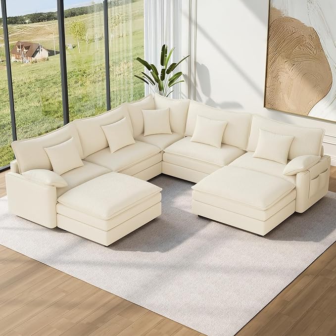 Vesgantti 101" V-Shaped Corner Couch Sectional, 7 Seat Customizable Modular Cloud Couches with Movable Ottoman, Chenille Deep Seat Sofa Set with Chaise for Living Room, Bedroom and Apartment, Beige