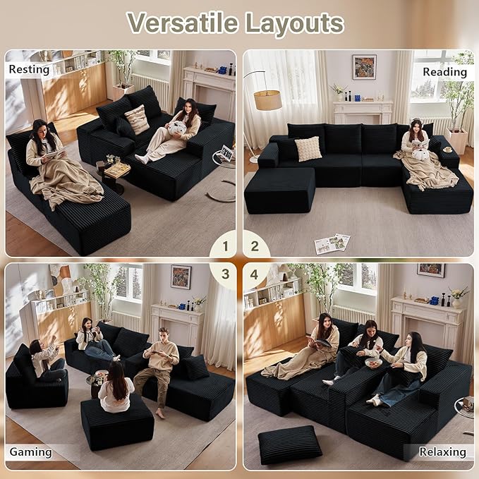 Lakifun 135" U-Shape Cloud Couch, Modern Modular Sectional Comfy L-Shape Sofa with Ottoman, Deep Seat, Upholstered Corduroy Sleeper Chaise Longue for Living Room Bedroom, No Assembly Required, Black