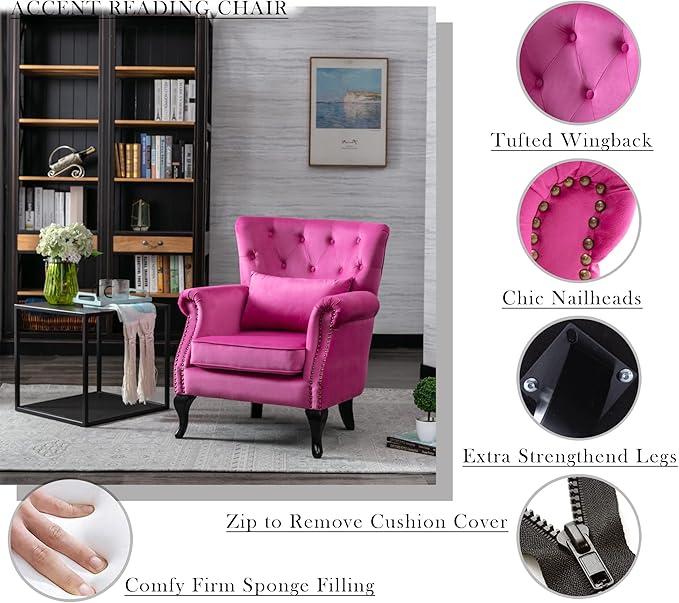 Janoray Mid Century Modern Accent Chair Upholstered Armchair Comfy Velvet Fabric Single Sofa with Tufted Wingback for Small Spaces Bedroom Living Room, Hot Pink