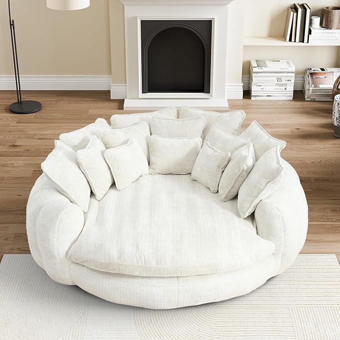 81" Oversized Bean Bag Chair Boneless Round Chaise Lounge Comfy Chenille Reading Chair Fluffy Plush Sofa Bed Large Deep Seat Circle Cloud Couch for Living Room, Bedroom, Apartment, Beige