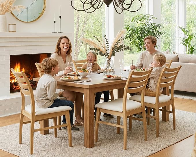 HNY Modern Farmhouse Dining Chairs Set of 4, White Sherpa Boucle Upholstered Seat Kitchen Chairs, Rustic Industrial Armless Side Chairs with Natural Wooden Frame for Dining Living Room Restaurant
