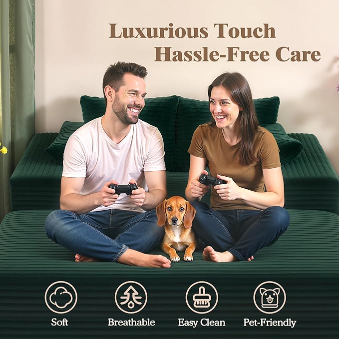 Indoor Chaise Lounge Chair With Storage Ottoman, Modern 60-Inch Lounge Sofa Chair With Wide Armrests & 4 Pillows, Oversized Comfy Reading Lounger For Living Room, Bedroom（Wide-Rib Corduroy Green)