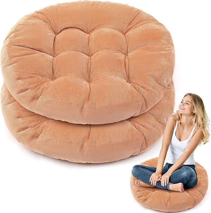 Jerify Floor Pillow Cushions 22 x 22 Inch Round Square Large Meditation Floor Pillow for Classroom Adult Meditation Picnic Party Cushion for Seating Gift Christmas(Round,Light Brown,2 Pcs)
