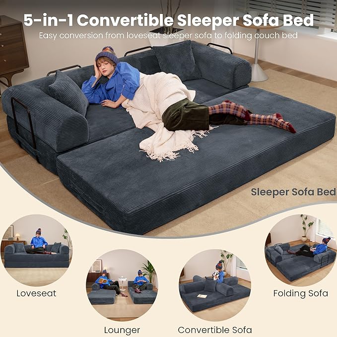 Convertible Sleeper Sofa Bed, 78" Corduroy Foldable Boneless Modular Couch, Memory Foam Compressed Sofa in A Box With Plush Fabric Comfy Floor Lounge Couch for Living Room Apartment Bedroom,Dark Gray