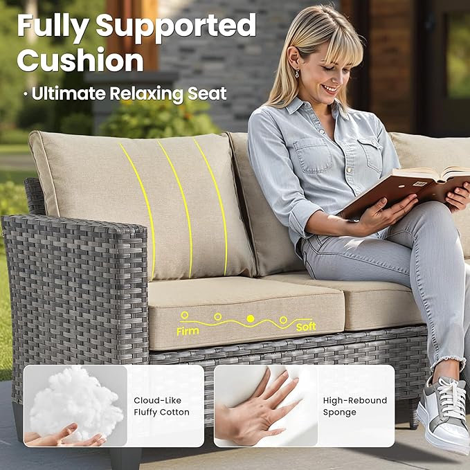 ovios 7 Pieces Patio Furniture Set, Outdoor Wicker Sofa Couch with Rocking Swivel Chairs Fire Pit Table, Modern Deep Seat Rattan Conversation Sets for Deck Porch, Beige