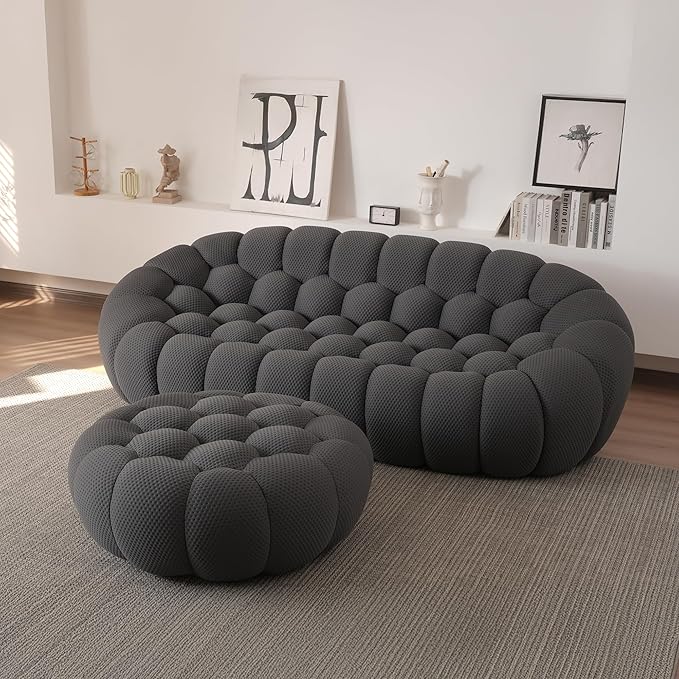 JACH Bubble Sofa with Ottoman, Curved Couch, Comfy Upholstered Sofa, Mesh Fabric 3D Honeycomb Shape Modern Couch for Living Room, Office, Apartment, Small Space (Grey)
