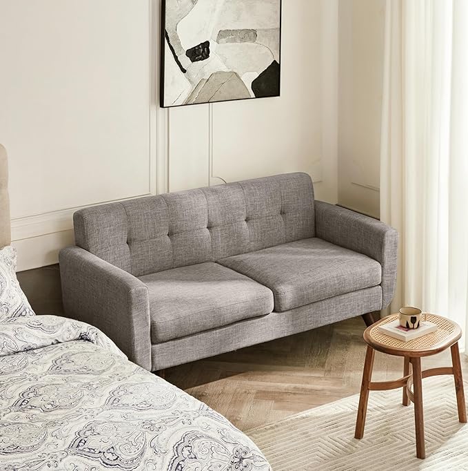 Tbfit Loveseat Sofa, 65" W Mid Century Modern Love Seat Couches for Living Room, Button Tufted Upholstered Small Couch for Bedroom, Solid and Easy to Install Love Seats Furniture, Grey