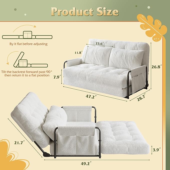 WLIVE Futon Sofa Bed with Adjustable Backrest, Bean Bag Chairs for Adults, Floor Couch with Armrest, Pillow, Low Profile Floor Seating for Living Room, Reading, Bedroom, Loveseat, Beige