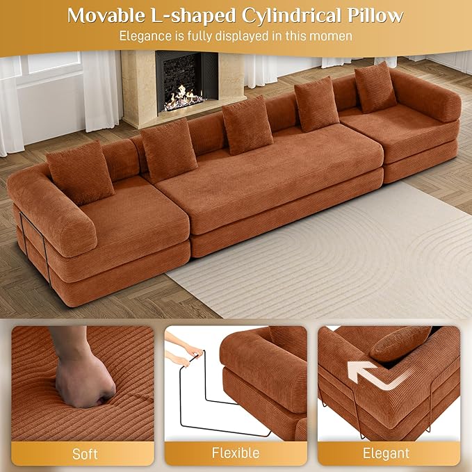 DAMAIFROM 157" Convertible Sleeper Sofa Bed Set with Pillow, 4-in-1 Corduroy Folding Mattress Boneless Couch with Fixed-Shape Frame, Fold Out Floor Sofa Cama Lounge Couch for Living Room, Orange