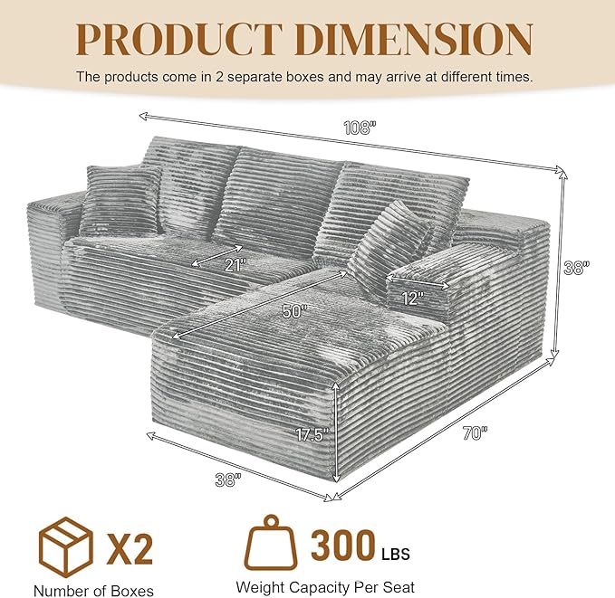 108" Boneless Cloud Sectional Couches for Living Room, Comfy Fluffy L Shaped Memory Foam Deep Seat Boneless Couch, Modular Sectional Sofa with Right Facing Chaise, Grey