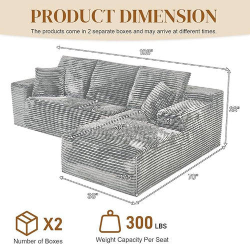 108" Boneless Cloud Sectional Couches for Living Room, Comfy Fluffy L Shaped Memory Foam Deep Seat Boneless Couch, Modular Sectional Sofa with Right Facing Chaise, Grey