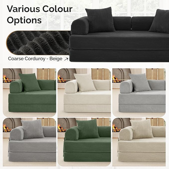 Convertible Corduroy Sleeper Sofa Bed with Cylindrical Pillow, Folding Mattress Couch with Fixed-Shape Frame, Floor Sofa Lounge Couch for Living Room Bedroom Lounge Studio, Black