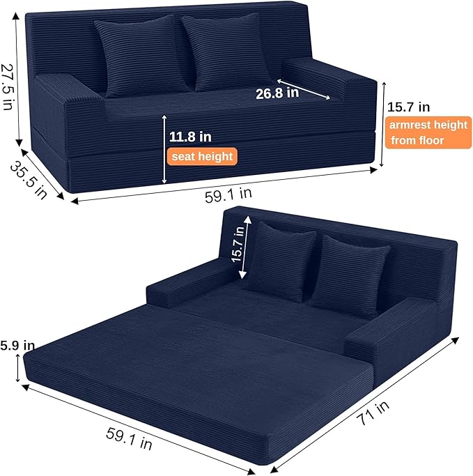 MeMoreCool Folding Sofa Bed Queen Corduroy Convertible Sleeper Chair – 2‑in‑1 Floor Sofa to Queen‑Size Bed | High‑Density Foam with Pillows | Removable Machine‑Washable Covers