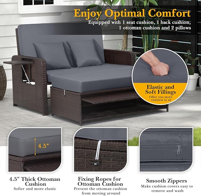 RELAX4LIFE Wicker Patio Outdoor Daybed - Rattan Day Bed Lounger w/Loveseat & Storage Ottoman, Sunbed Sofa Set w/Cushions, 4-Level Adjustable Backrest & 2 Retractable Trays, Patio Daybed (Grey-Brown)