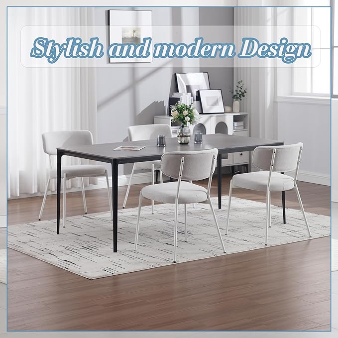 KCC Modern Mid-Century Velvet Dining Chairs Set of 6, Upholstered Stylish Kitchen Chairs Accent Diner Chairs with Metal Legs and Curved Back for Kitchen, Dining Room(White)