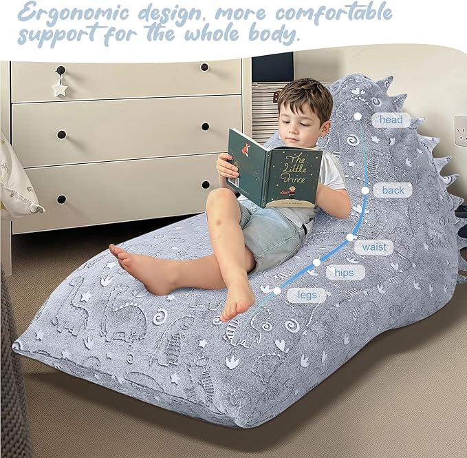 COMAX Dinosaur Bean Bag Chairs for Kids 8-12, Large Kid Beanbag Chair with Filler, Big Toddler Lounge Bean Chair, Children Lazy Floor Lounger for Girls Boys, Glowing Dino