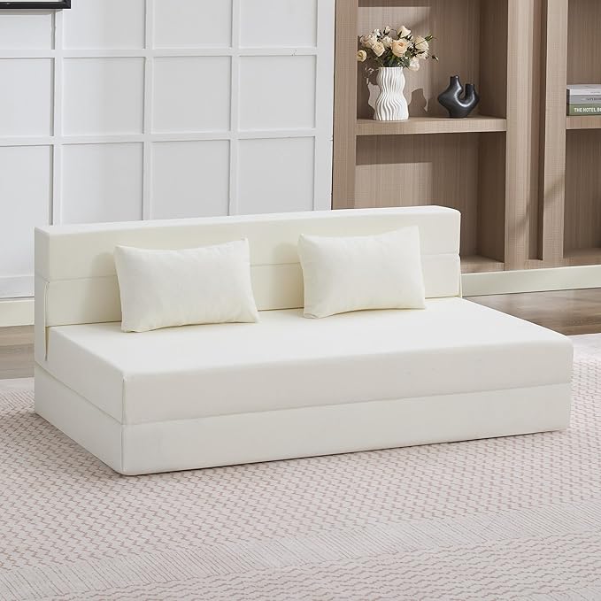 Folding Sofa Bed Convertible Floor Couch Foldable Chair Bed with Pillow，Linen Sleeper Chair Futon,Foldable Memory Foam Mattress for Bedroom/Living Room/Dorm/Office (Beige, Queen)