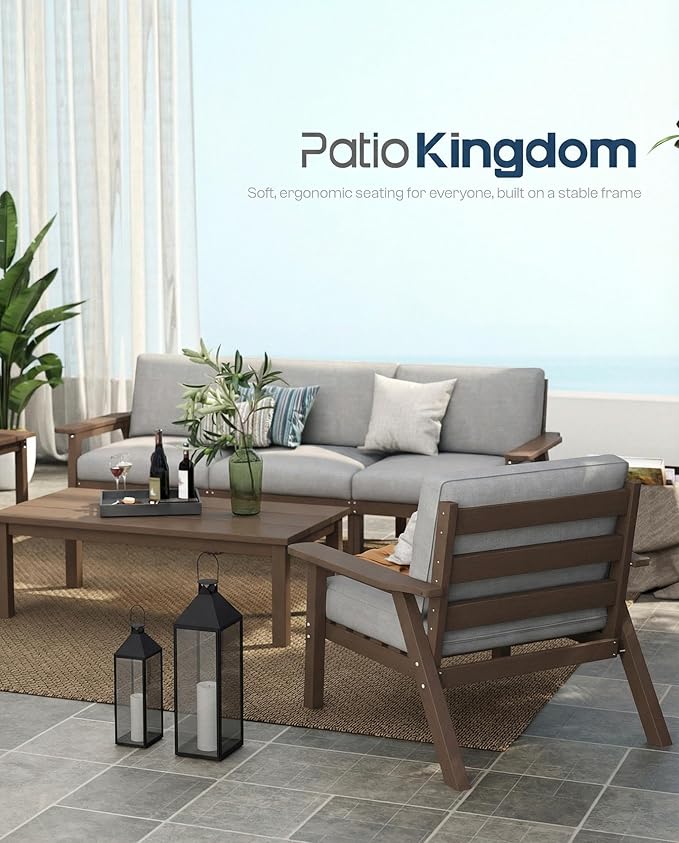 Patio Kingdom Patio Furniture Set with Washable Thick Gray Cushions, HDPE Outdoor Couch, All-Weather Outdoor Sectional Furniture, Patio Conversation Sets for Lawn, Garden, Porch (Brown Frame)