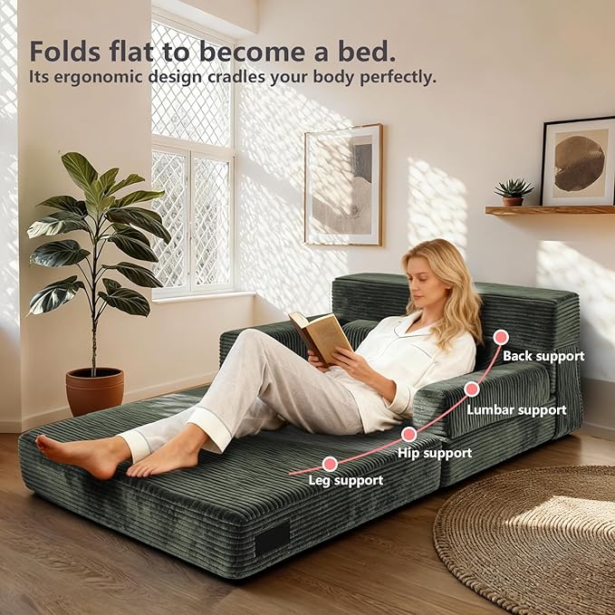 Folding Sofa Bed,Convertible Sofa Bed with Armrest Foldable Sleeper Chair, Portable Folding 4-in-1 Floor Sofa with Convertible Lounge Chair for Living Room,Bedroom,Washable Cover,Green Single