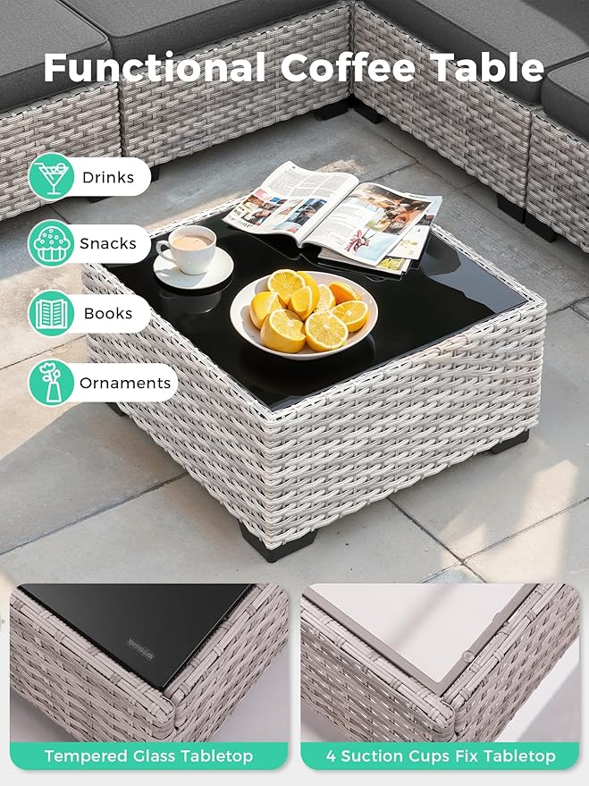 7 Piece Outdoor Wicker Rattan Sectional Sofa Set with Fire Pit Table, 5-Seats Conversation Set with 4" Thickened Cushions & Coffee Table, All-Weather PE Rattan for Garden, Backyard, Porch, Black