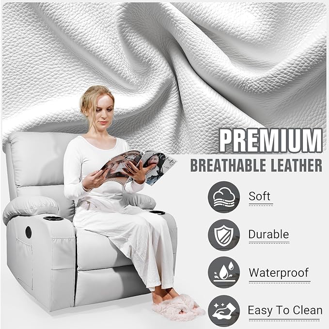 LAFWELL Rocking Recliner Chair, Massage Rocker Recliner Chair with Vibration Massage and Heat, USB and Type-C Ports,360° Swivel Faux Leather Chairs, Living Room, Bedroom, Nursery, RV, Light Grey