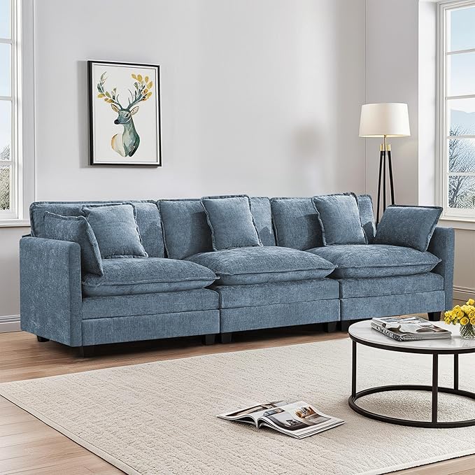 UMBFUN 3-Seater Cloud Couch, Oversized Modular Sectional Sofa with Deep Seat Soft Cushions, Comfy Chenille Couch for Living Room, Apartment & Family Space, Blue