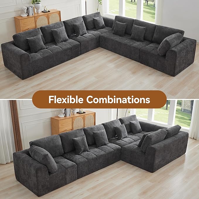 140''Cloud Boneless Couches for Living Room, Modular Sectional Compressed Sectional Sofa, Oversized L Shaped 7 Seater Upholstered Memory Foam Sofa, No Assembly, Chenille Grey