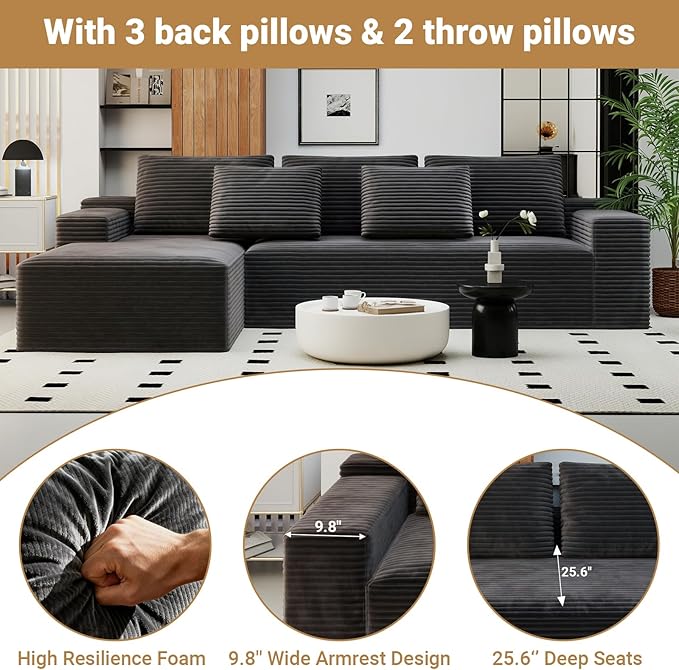 KAPEETOO Modular Sectional Sofa Cloud Couch with Chaise Longue, Left L Shaped Boneless Couch with Deep Seat, Oversize 3-Seater Boneless Sofa Set for Living Room Bedroom (Grey)