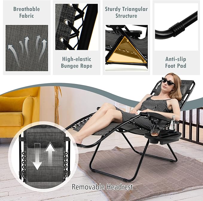 Tangkula Set of 2 Zero Gravity Chair, Folding Patio Lounge Chair Adjustable Outdoor Recliner with Cup Holder, Wide Armrest for Patio Garden Poolside Outdoor Yard Beach, Support 350 lbs (2, Grey)