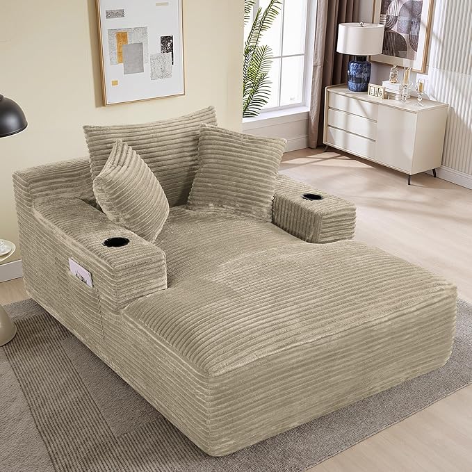 50"W x 68"D Oversized Chaise Lounge Chair Indoor Boneless Reading Chair Plush Corduroy Recliner with Cup Holders Large Deep Seat Comfy Sofa Bed with 3 Pillows for Living Room Bedroom, Light Camel