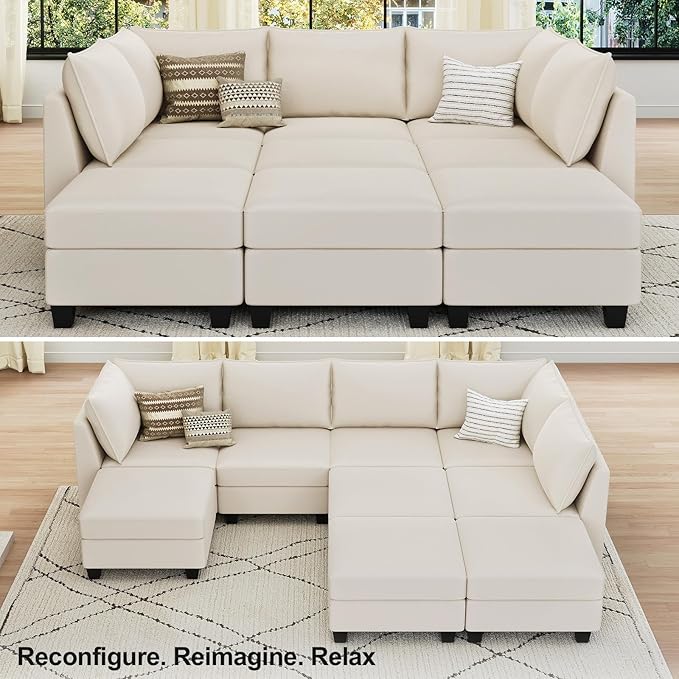 Belffin Modular Sectional Sofa Bed with Storage, 9-Seater Velvet Reversible Sleeper Couch for Living Room, Beige