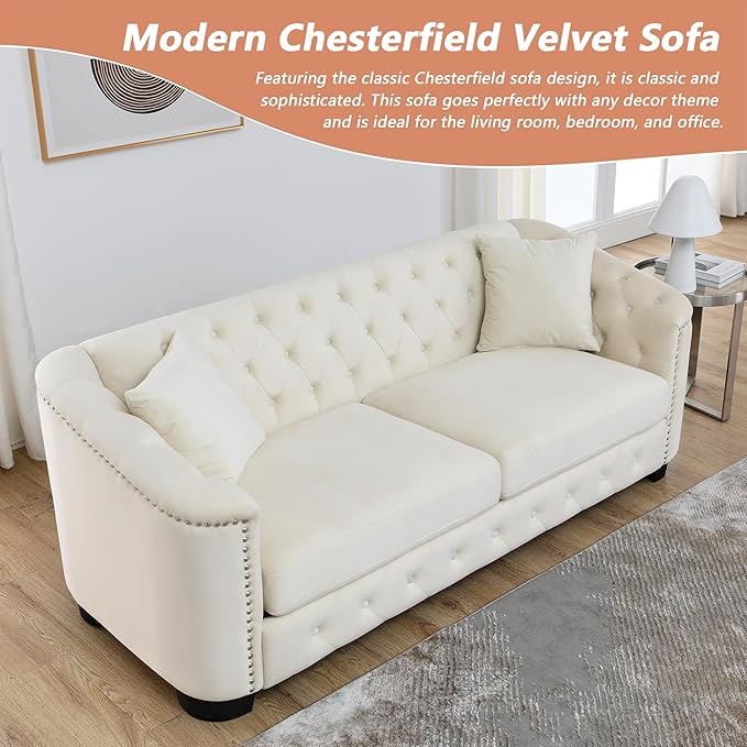 mikibama Modern Chesterfield Velvet Sofa, 77'' Sectional Sofa, Luxury 3 Seater Upholstered Tufted Couch with Nailhead Arms and 2 Pillows for Living Room, Bedroom, Apartment(Beige)