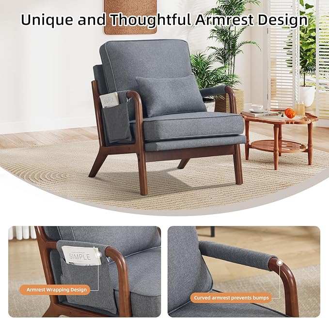 CANMOV Mid Century Modern Accent Chair with Extra Side Storage Pocket Upholstered Reading Armchair with Waist Cushion, Accent Chair for Living Room Bedroom, Easy Assembly, Grey