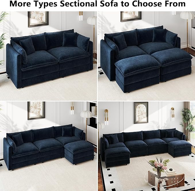 Aoowow Modular Sectional Sofa Modern Convertible U Shaped Couch,112.2 Inch Deep 3-Seater Sofas Set Comfy Chenille Cloud Sofas and Couches with Movable Ottoman for Living Room Apartment（Blue）