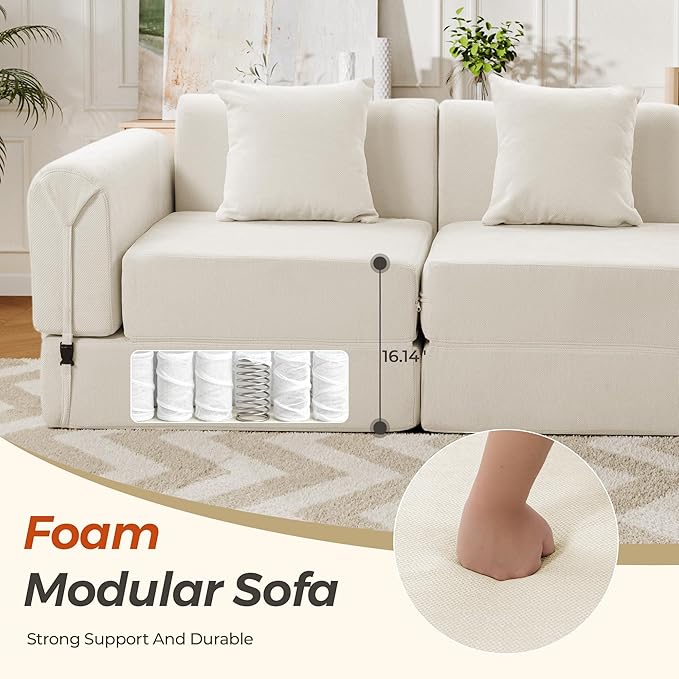 100" Oversized Convertible Sleeper Sofa Bed, Modular Sectional Cloud Sofa with Fixed-Shape Frame & Tabletop, Boneless Couch with Storage Pocket for Living Room, No Assembly Required, Beige