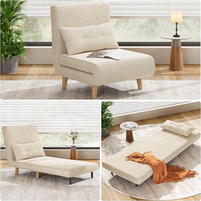 Aiho Futon Sofa Bed, 3-in-1 Convertible Sleeper Chair Bed, Futon Chair with 6-Level Adjustable Backrest and Pillow for Guest Room Apartment Dorm, Velvet Beige