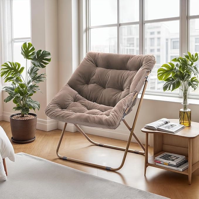 Athena Collection Saucer Chair for Adult, Square Comfy Cozy Chair Folding Chair Faux Fur Metal Frame Foldable Reading Chair Accent Chair for Bed Room Living Room, Brown