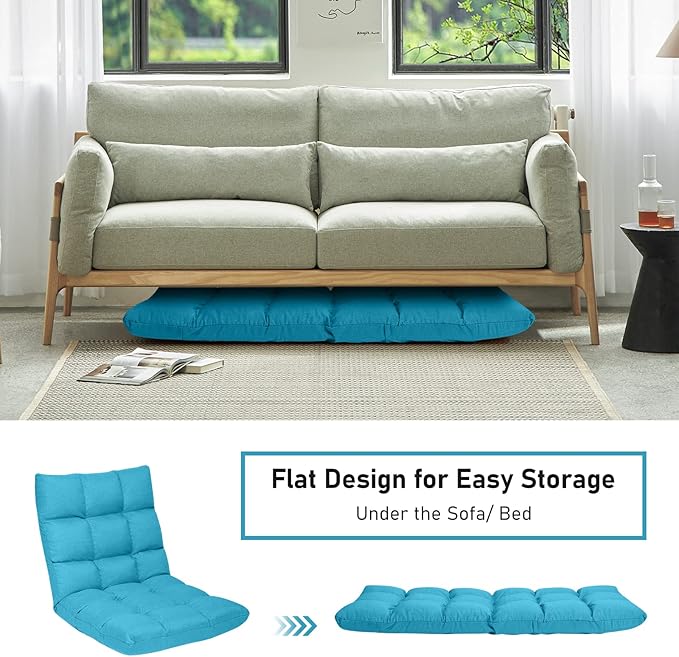 COSTWAY Peacock Blue Folding Gaming Chair, Adjustable 14-Position Floor Sofa with Back Support, Alloy Steel Frame, Lazy Sofa Lounge for Playing, Reading, Meditating, Recliner for Adults, Kids