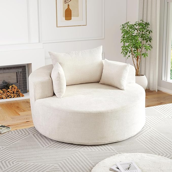 Antetek Oversized Round Chaise Longue Chair Indoor, Modern 55-inch Upholstered Waffle Chenille Deep Seat Circle Single Cloud Lounge Floor Sofa Chair for Living Room, Bedroom Apartment, Beige