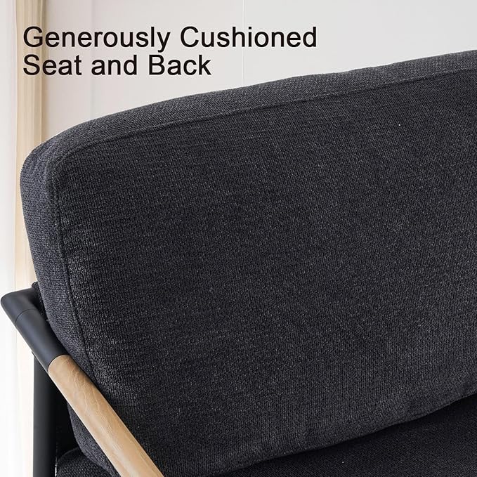 Accent Chair Mid Century Modern Armchair for Living Room,Bedroom,Office,Lounge Comfy Chenille Upholstered Soft Removable Washable Cushions and Pillows,Metal Wood-Grain Armrest Legs,Black