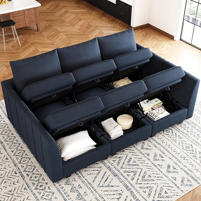 Belffin Modular Sectional Sofa Sleeper Couch with Storage Velvet Sectional Sofa Bed, 6 Seats, Blue