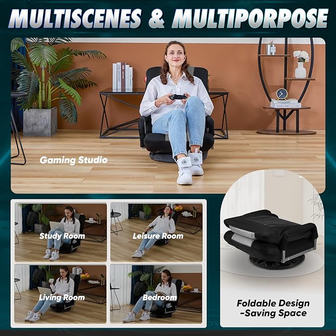 Swivel Gaming Chair 360 Degree Multipurpose Floor Chair w/Armrest & 6 Adjustable Postions Backrest for Adults & Kids, for Reading, Gaming, Watching, Relaxing, Grey